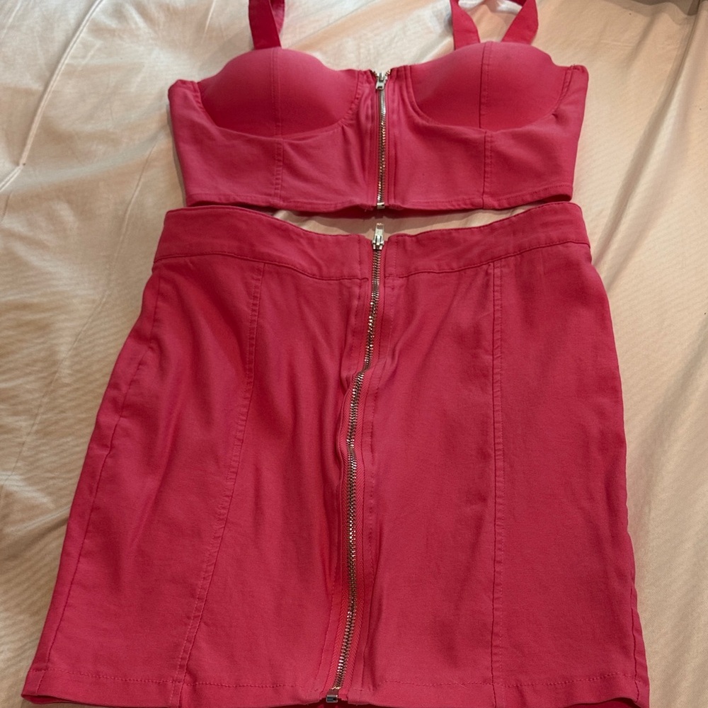 HYFVE Hot Pink Two-Piece Zipper Skirt Set
